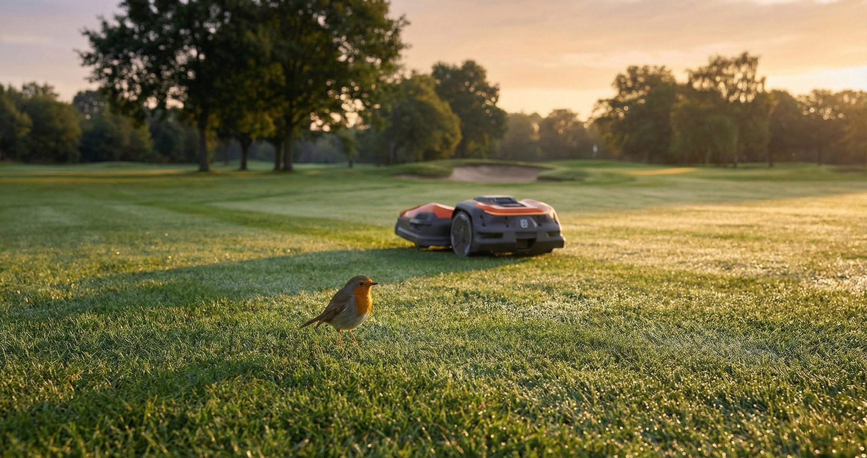 Small robotic mower operating quietly near wildlife
