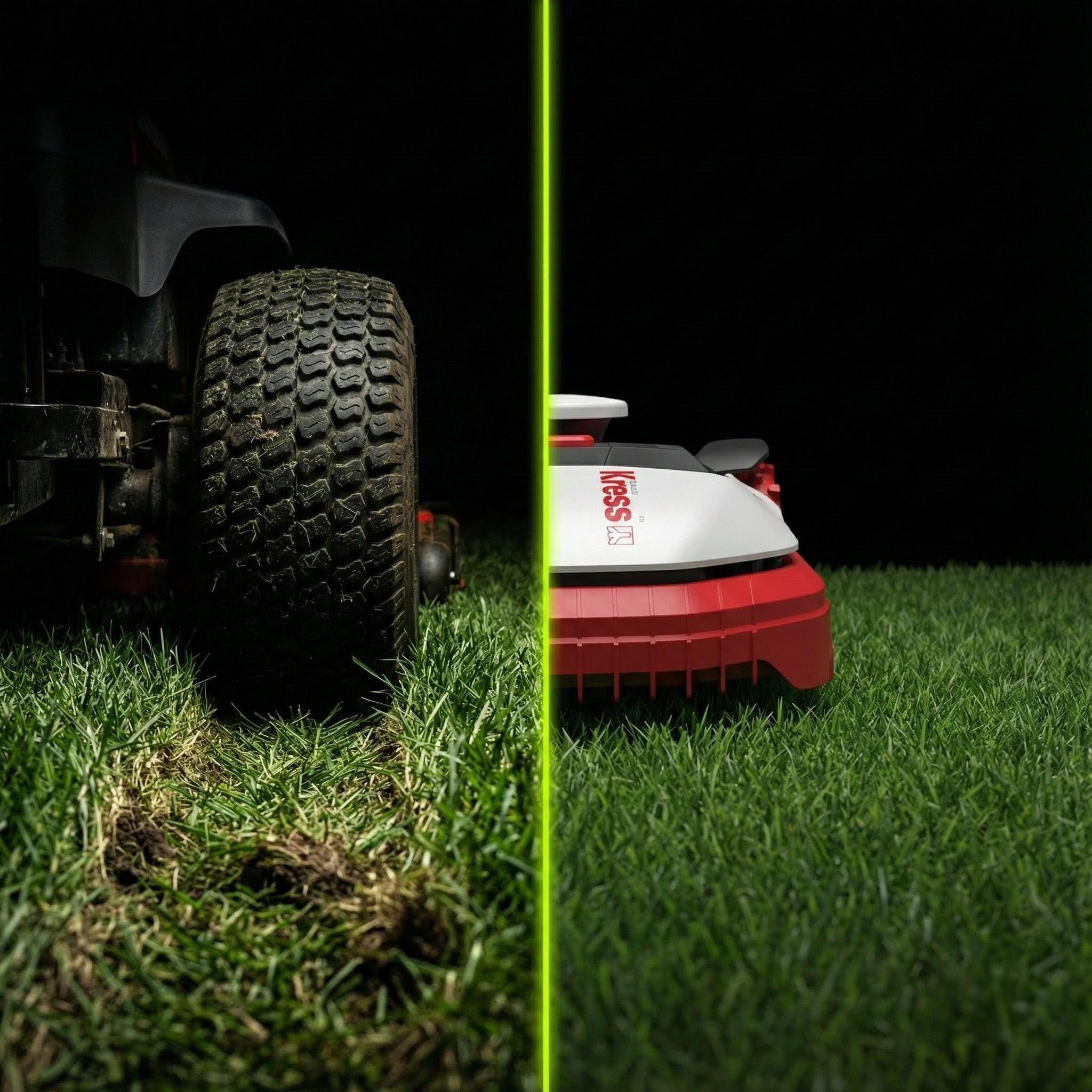 Side-by-side comparison of fairway mower vs robotic mower turf impact