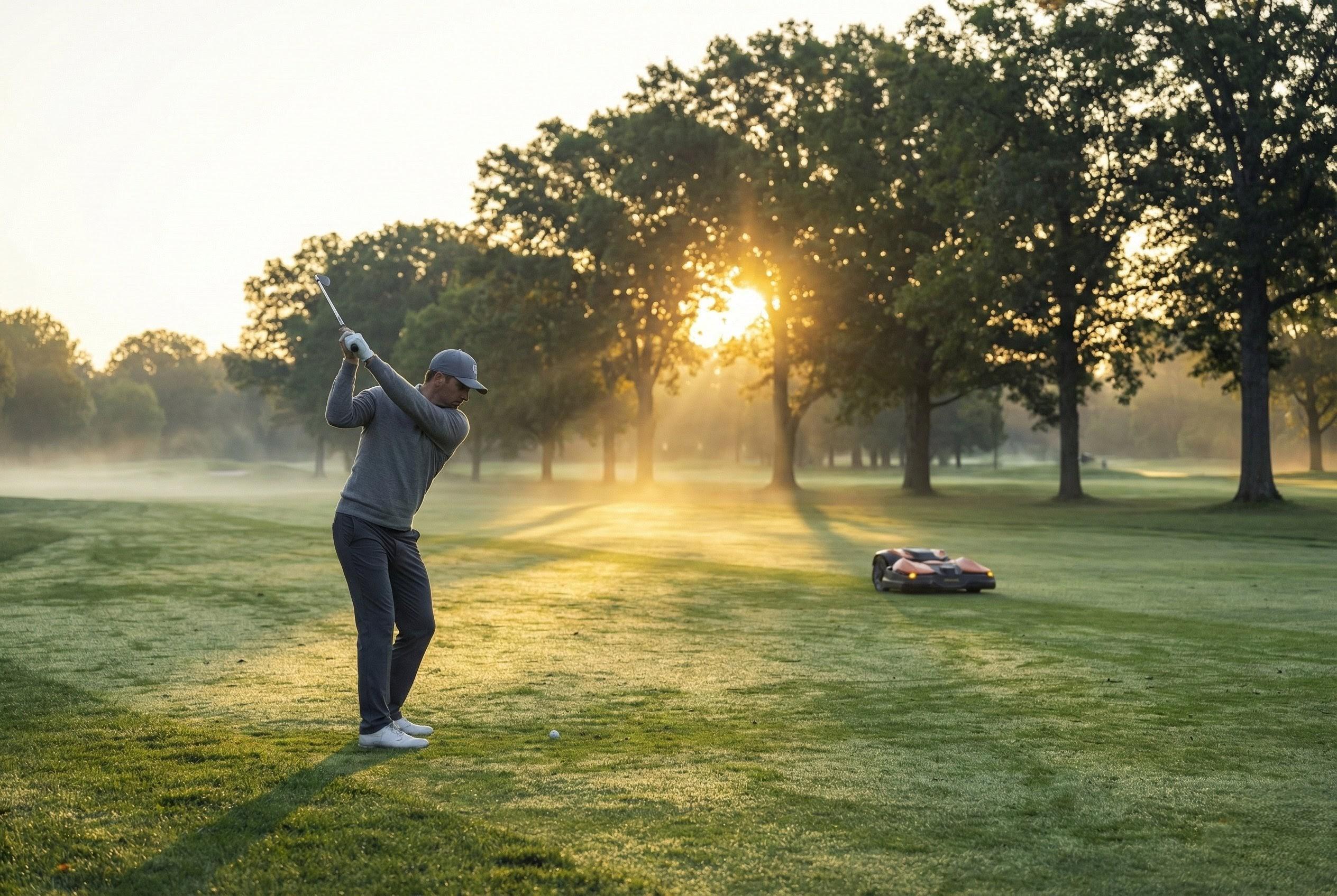 Golfer mid-swing at dawn with quiet robotic mower working in the background